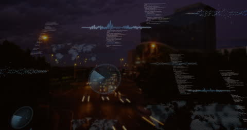 Digital Data Interfaces Over City Traffic Background