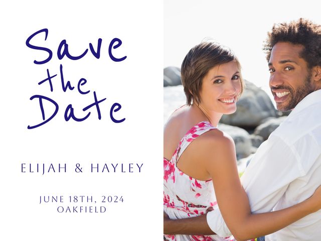 Perfect for engaged couples looking to announce their wedding day in a picturesque and joyful manner. Suitable for save-the-date cards, wedding invitations, engagement party announcements, and digital wedding announcements for social media. The beach background suggests a serene and romantic wedding setting, great for summer or destination weddings.