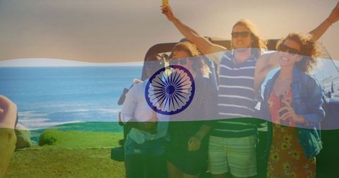 Group of Friends Celebrating Together with Indian Flag Overlay