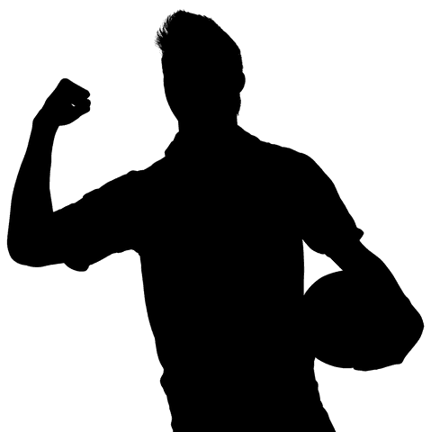 Rugby player silhouette celebrating with fist on transparent background