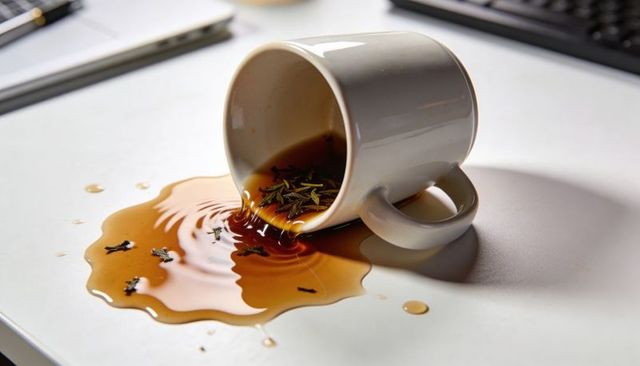 Overturned white ceramic mug spilling brown tea across office desk with keyboard and tablet