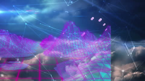 Futuristic Digital Network with Geometric Mountains and Skies