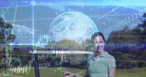 Golfer on course with holographic globe manages digital progress