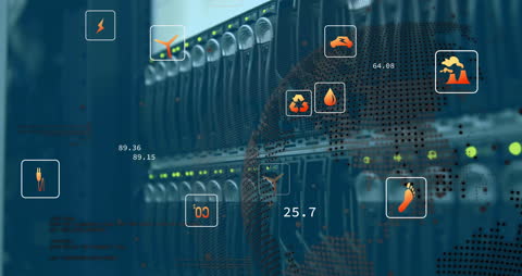 Sustainability Technology Icons Overlay on Server Systems
