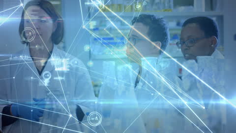 Diverse Scientists Analyzing Digital Network Data in Laboratory