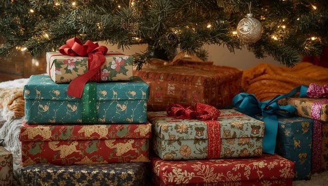Festive Christmas Gift Boxes Under Tree with Lights