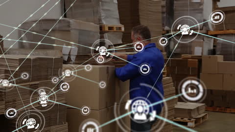 Warehouse Worker Packing Boxes with Digital Network Holograms