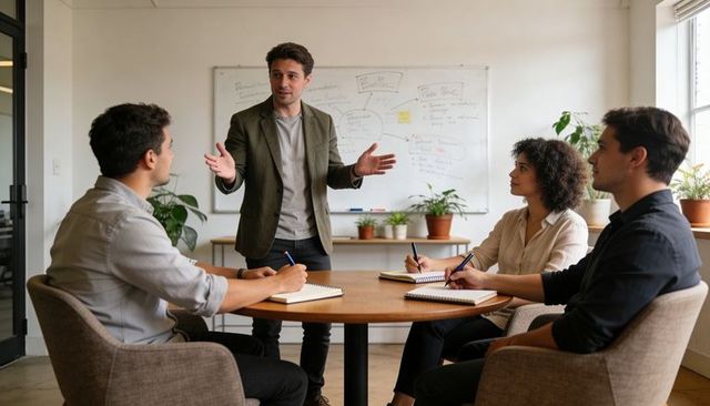 Male presenter leading small team meeting at round table with whiteboard diagrams and notes