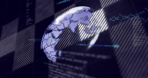 Rotating Mosaic Globe with Holographic Code Overlay and Cyber Analytics Interface