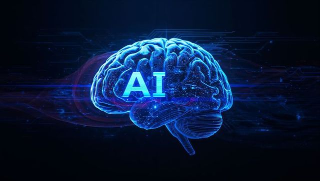 Glowing 3D Wireframe Brain with AI Text in Futuristic Digital Space