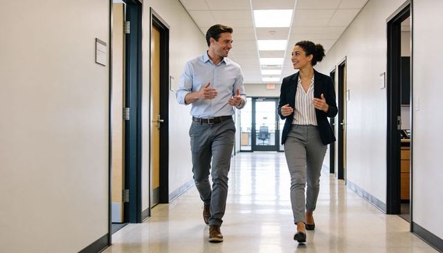 Two colleagues walking and conversing in bright office corridor, professional teamwork