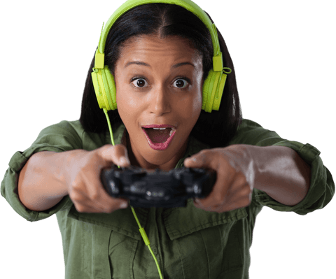 excited woman with headphones gaming on transparent background - Download Free Stock Videos Pikwizard.com