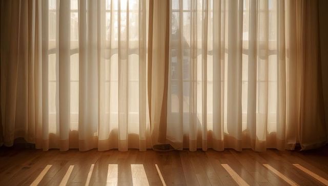 Sheer curtains filtering warm morning sunlight over hardwood floor with soft shadows