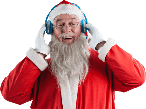 Joyful Santa Claus Listening to Music with Headphones Transparent