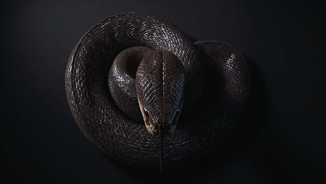 Coiled black snake showing glossy iridescent scales and forked tongue on dark background