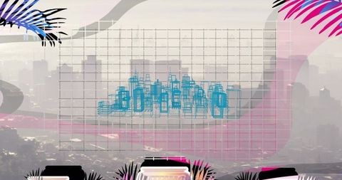 Blue wireframe city floating on grid over hazy skyline with pastel tropical collage