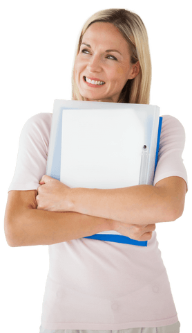 Happy Caucasian Woman Holding Documents on Transparent Background