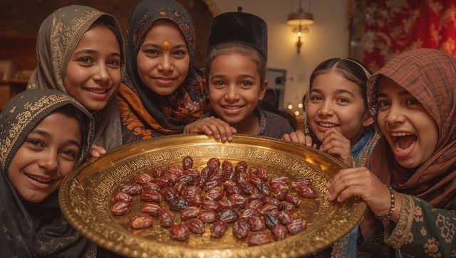 Joyful girls holding ornate brass tray of dates celebrating warmth and cultural tradition