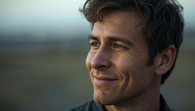 Smiling man gazing into distance outdoor closeup headshot with warm natural soft light