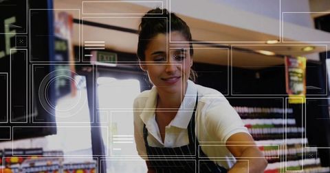 Store clerk handing item over counter in retail supermarket