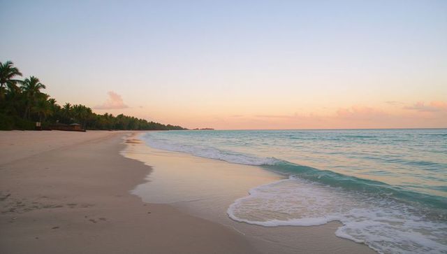 Sunset Tranquility on Remote Tropical Beach with Coral-pink Horizon