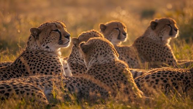 Group of cheetahs resting together in golden african savanna
