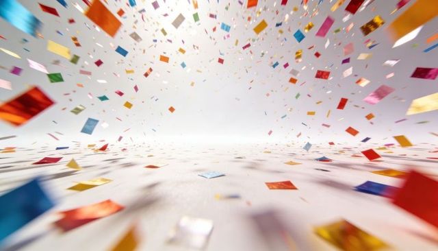 Colorful metallic confetti falling toward bright center on reflective studio floor