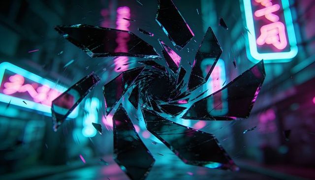 Swirling shattered glass vortex in neon-lit cyberpunk alley with glowing non-latin signs