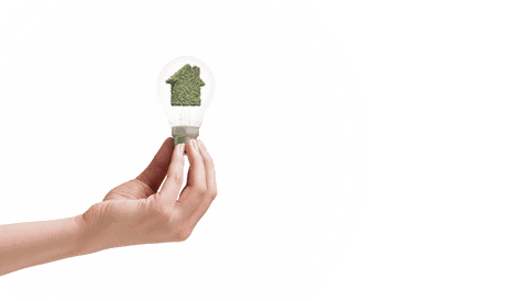 Transparent Hand Holding Eco-Friendly Light Bulb with Green House Icon