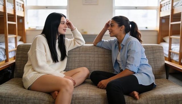 College roommates chatting on couch in dorm lounge during daytime