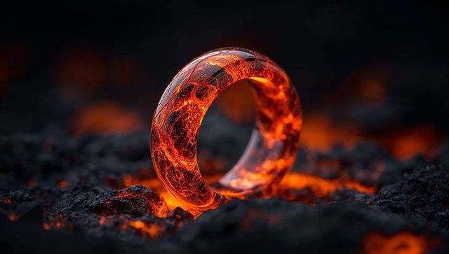 Magma-textured ring on volcanic rock with glowing lava