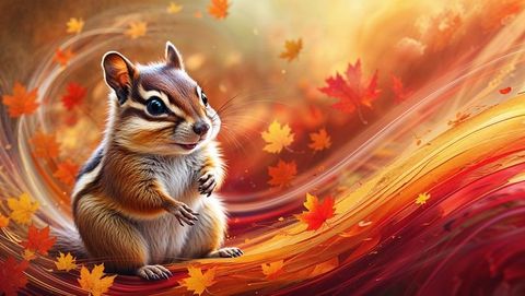 Chipmunk Surrounded by Swirling Autumn Leaves in Enchanting Forest