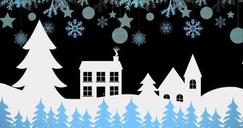 Festive Winter Night with Snowy House and Trees Silhouette