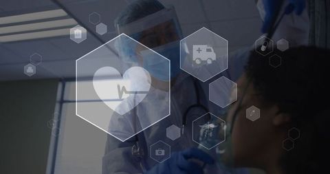 Clinician wearing full ppe examining patient with stethoscope and digital hex health icons