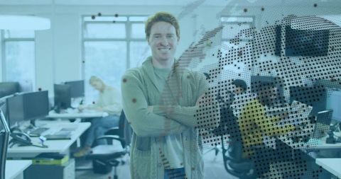 Confident Professional in Modern Office with Digital Works Interface