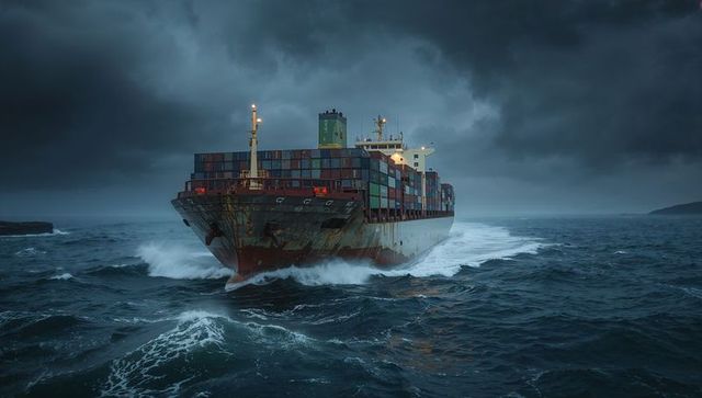 Container ship plowing through stormy seas, stacked containers and dramatic sea spray at night