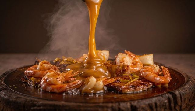 Drizzling glossy brown sauce over sizzling shrimp, scallops and steak on rustic wood slab