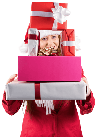 Smiling Woman Carrying Tall Stack of Holiday Gifts