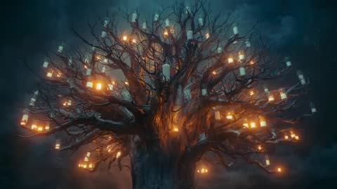 Enchanted Tree of Lights and Lanterns in Mystical Night Forest