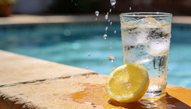 Glinting glass of sparkling water with lemon resting on pool edge in bright sun