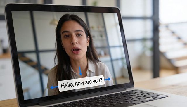 Woman speaking on video call showing speech bubble on laptop screen in bright office