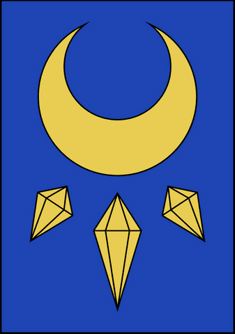 Transparent Golden Crescent and Faceted Crystals on Blue Design