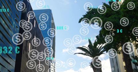Floating currency overlay over urban highrise canyon with palm tree, fintech dataviz