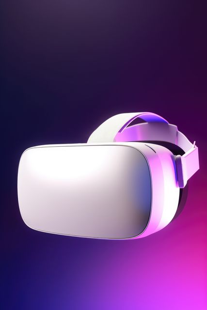 White vr headset on dark purple background with copy space, created using generative ai technology. Virtual reality and digital interface technology concept digitally generated image.