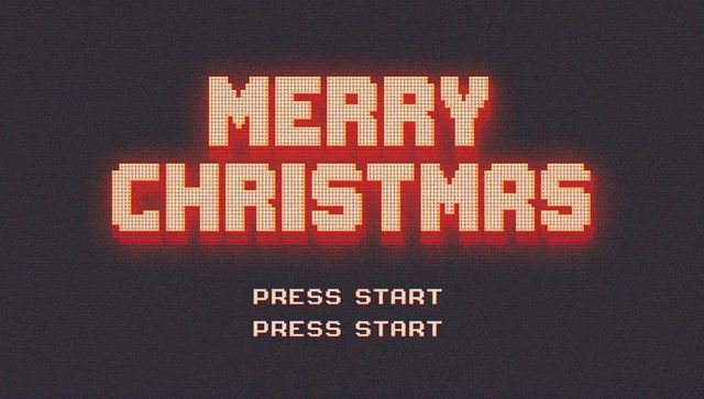 Retro 8-bit merry christmas arcade pixel art with glowing red crt press start menu