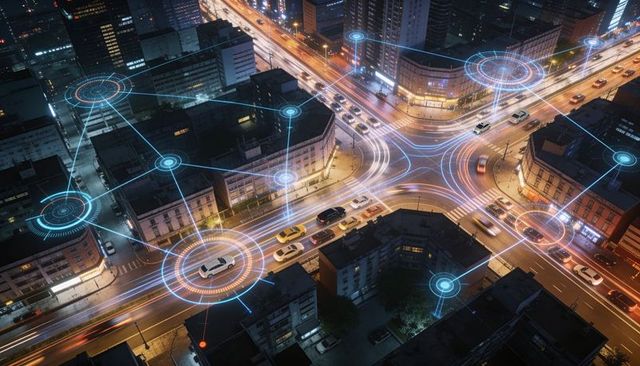 Smart city network connecting autonomous vehicles at night, streaming headlight trails