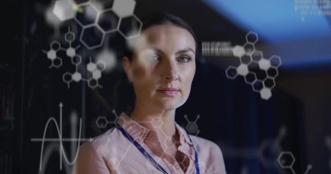 innovative businesswoman analyzing digital data overlays in server room - Download Free Stock Images Pikwizard.com