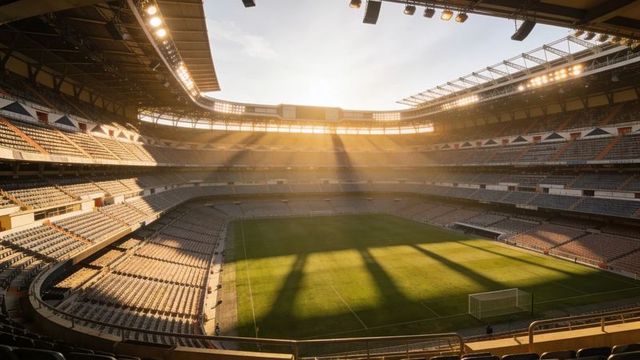 Sunlight bathing empty football stadium at golden hour with dramatic field shadows