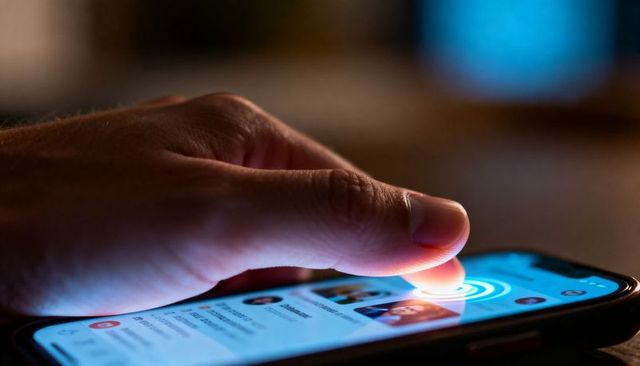 Hand Tapping Smartphone Touchscreen Showing Contact List with Blue Ripple Glow Closeup