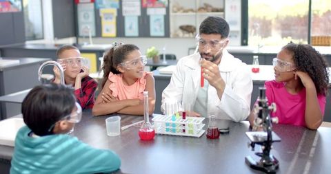 Science Teacher Engaging Diverse Students with Experiment in Classroom - Download Free Stock Images Pikwizard.com
